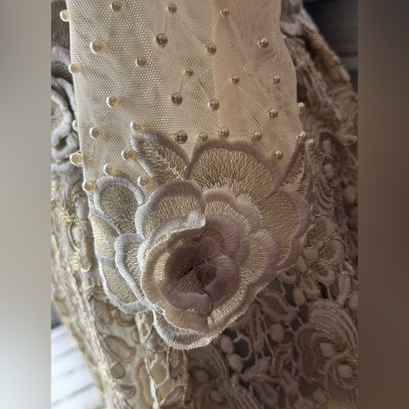 Metisu sheer top beige and gold floral pearl party dress.  Nwt - Picture 8 of 13